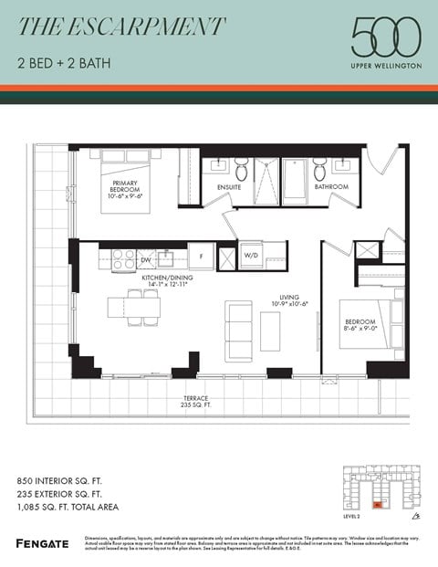 Floor plan for 2 beds, 2 baths, 850 sqft